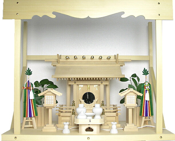 神棚 板葺一社宮〈I-28〉+神具セット(フル・中)+神棚板+雲板(大)のセット