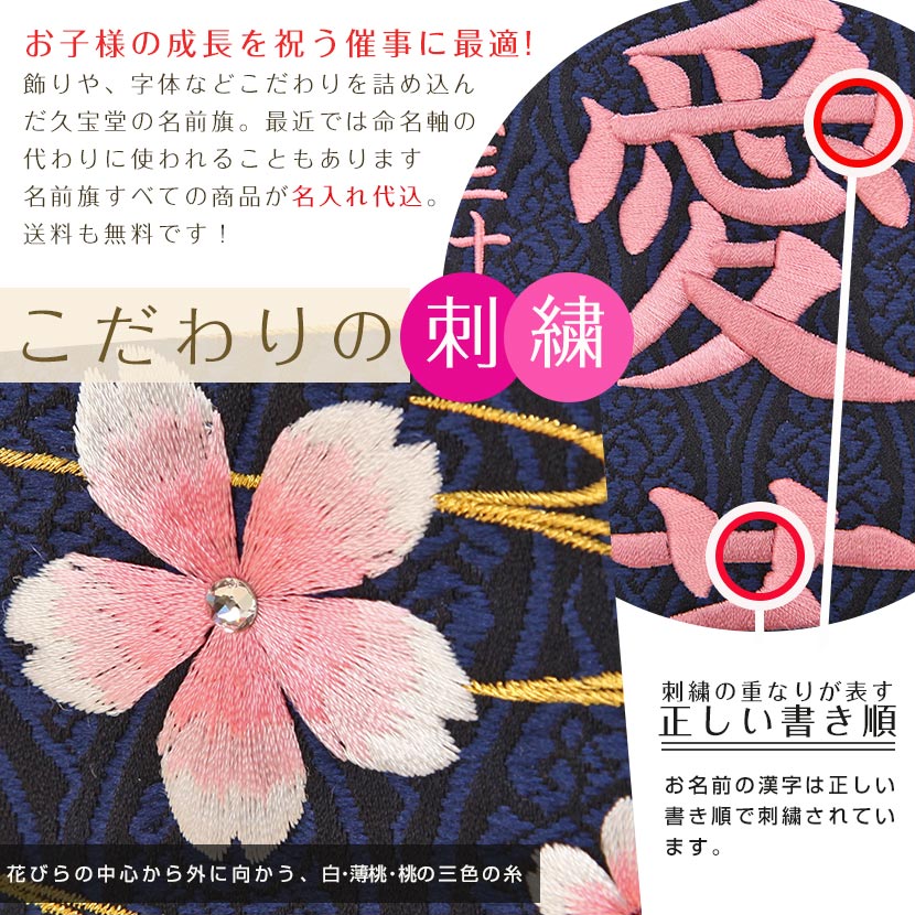 楽天市場 雛人形 名前旗 お名前 お誕生日刺繍入り 名前旗 特中サイズ ぼかし桜 紺 桃糸刺繍 ラインストーン 送料無料 雛人形 五月人形 鯉のぼりの久宝堂