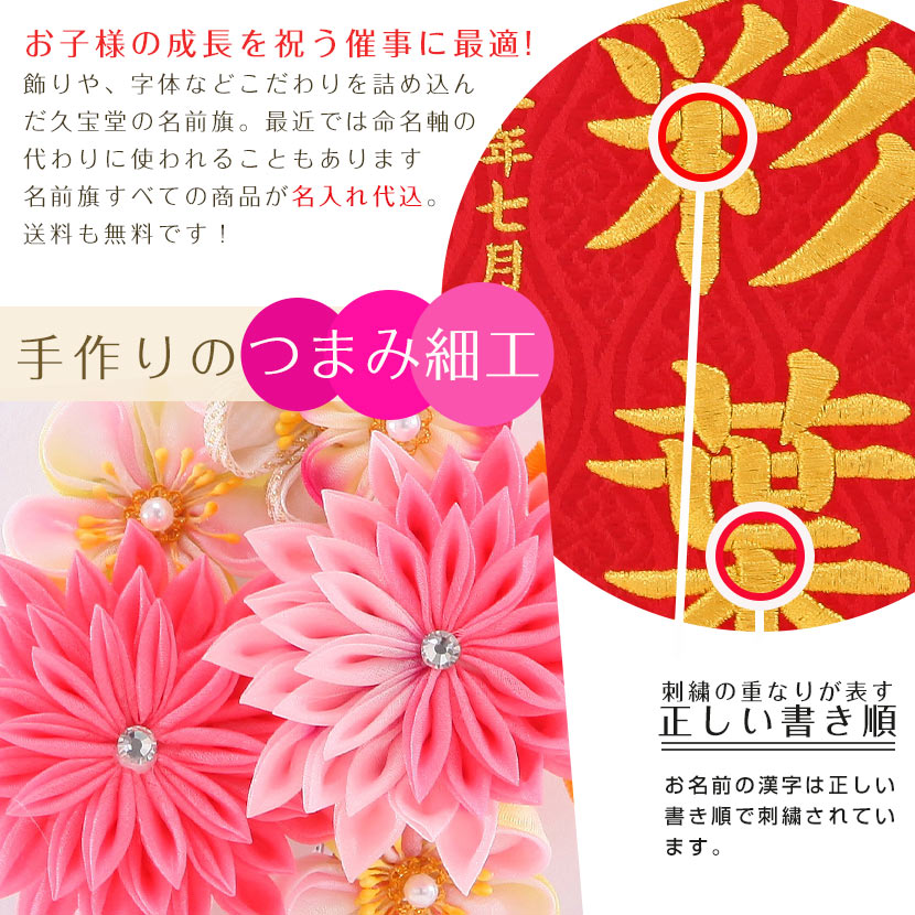 ポイント10倍 雛人形 名前旗 お名前 お誕生日刺繍入り 名前旗 つまみ細工 髪飾り付 小 朱 シャクヤク 金糸刺繍 お名前 生年月日 まとめ買い歓迎 Vintagehandbagssthlm Com