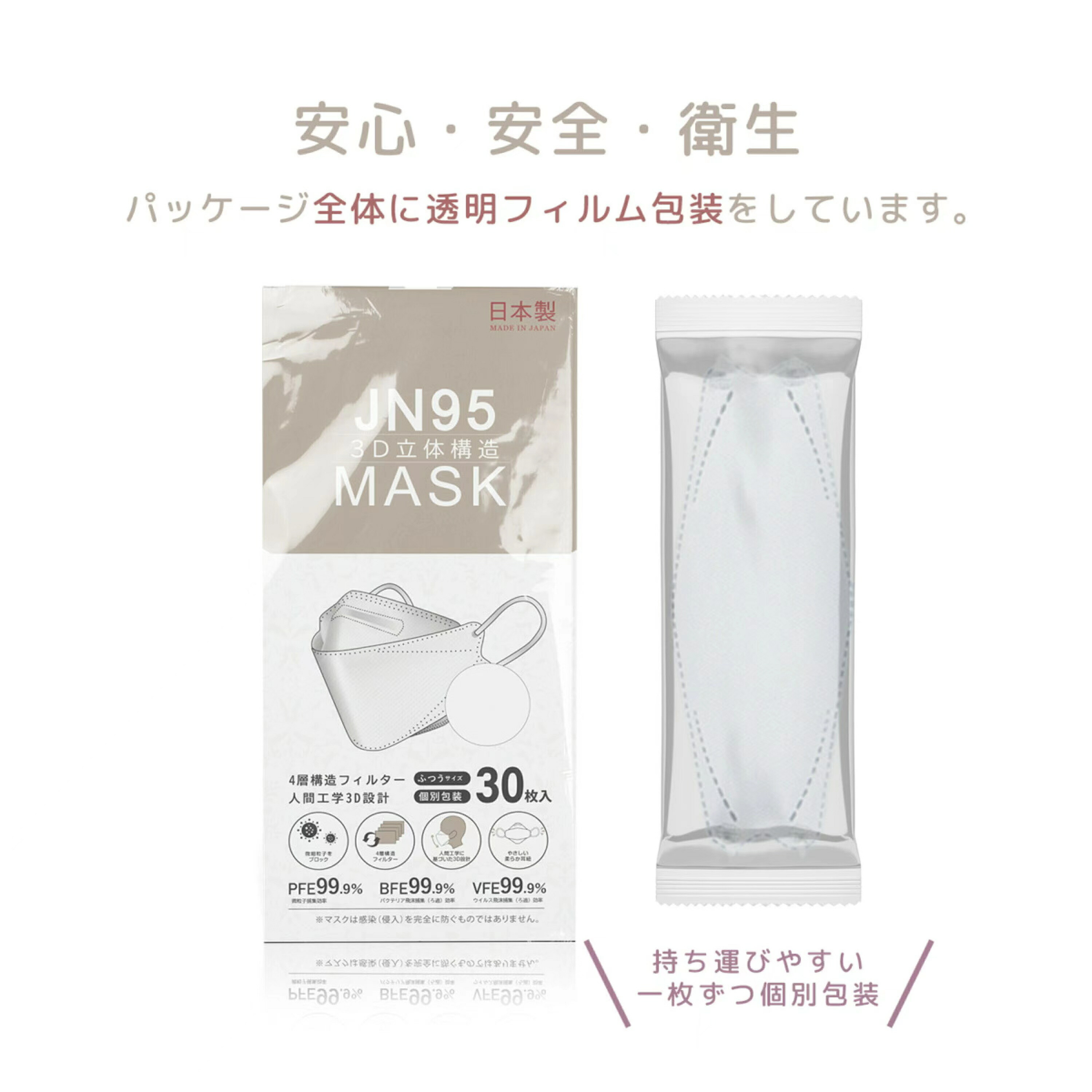 市場 カケンテスト済 個包装 マスク 4層構造 JN95 東京から当日出荷 PFE99認証取得 日本製 30枚 不織布 領収書発行可