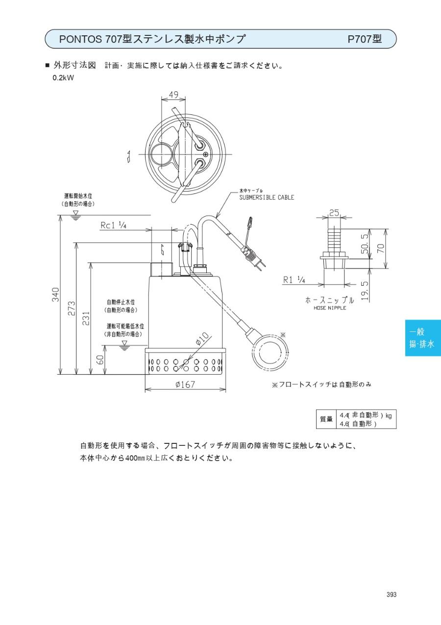 水中ポンプ エバラ ポンプ(荏原製作所) 100V (自動運転形 50Hz) P707型