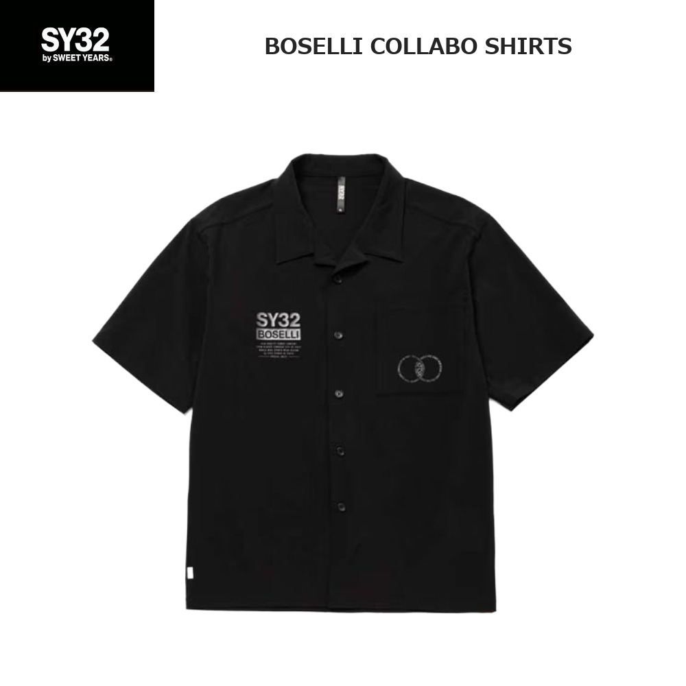 SY32 ボセーリ コラボ シャツ 32-26SN1-31B メンズ 半袖 シャツ BOSELLI COLLABO SHIRTS メンズ ブラック ネイビー M L XL ラグスポ ストレッチ 吸汗速乾 通気性 軽量 動きやすい タウンユース デイリー おしゃれ ロゴ 人気｜靴とスポーツのシンスケミヤケ