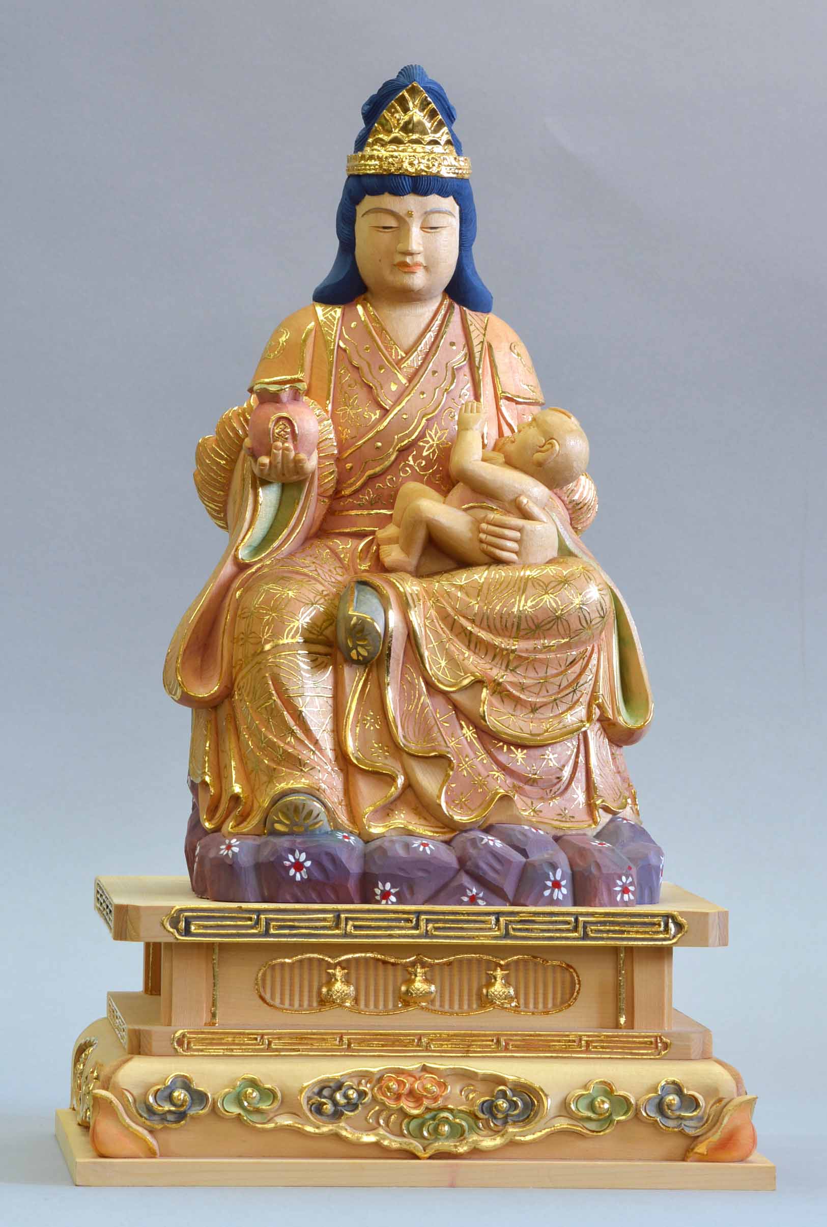 子安鬼子母神坐像 桧材 截金色完成総締め 1.5尺 （45珊）