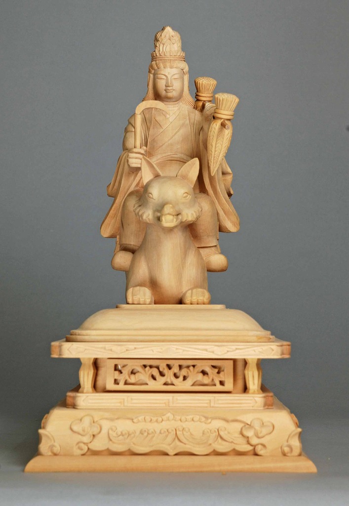 最上稲荷坐像 つげ材 木地仕上げ 総高7寸 （21ｃｍ）