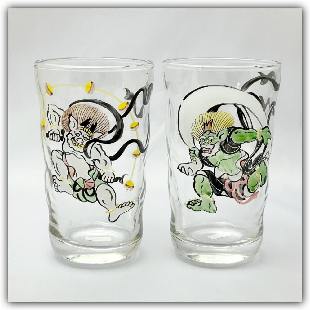 京焼の絵付師が描いた 風神雷神タンブラー ペア 手描き 化粧箱入り　京都 グラス 和小物 和雑貨 コップ ビアグラス ジュース ビール ハイボール 酎ハイに ロングタンブラー 伝統 手づくり ペアギフト プレゼント 伝統 風神雷神図屏風 俵屋宗達 琳派 小手鞠 7,300円