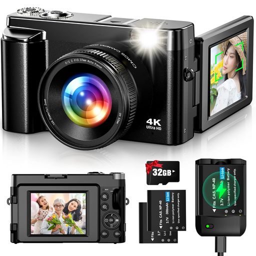 Oiadek デジタルカメラ 4K 4800万画素 デジカメ 32GBマイクロSDカード付き バッテリー充電器付き オートフォーカス機能 180度回転可能ディスプレイ 16倍ズーム 手振れ補正 ウェブカメラ 自撮り&hellip;｜みやらび