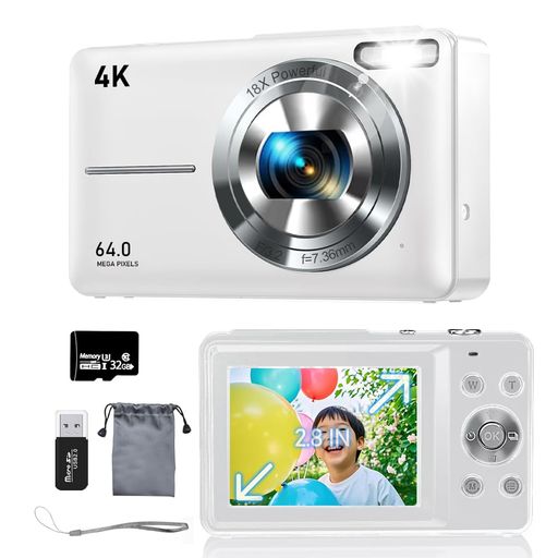 デジカメ【4K動画撮影、6400万画素】デジタルカメラ32GBMicroSDカード付きAFオートフォーカスコンパクトカメラ2.8インチの大画面18倍ズームフラッシュ手振れ補正機能を備えていますウェブカ…