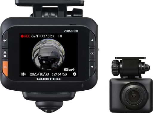 コムテックドライブレコーダーZDR-850R360°カメラで全方位記録+リヤカメラで車両後方を録画GPS内蔵前後STARVIS技術搭載センサー採用後続車接近お知らせ機能高速起動日本製3年保証駐車監視