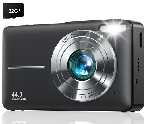 Lecranデジタルカメラデジカメ4400万絵素1080P映像オート興味の中心AF手ブレ手を加える軽さパウダーコンパクト2.4inIPS画面USB-C申し受ける黒いこと