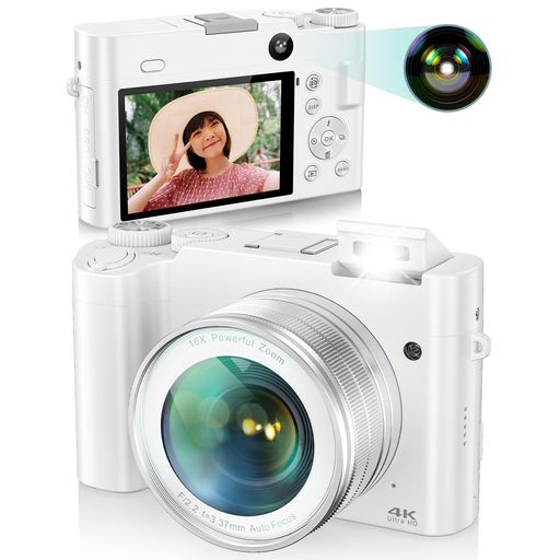 4K デジカメ デジタルカメラ 6400万画素 4K解像度 オートフォーカス マクロ撮影 16倍デジタルズーム 3インチ大画面 予備電池 HDMI出力 軽量 修学旅行 学生 初心者 32gメモリーカード付属 白｜みやらび