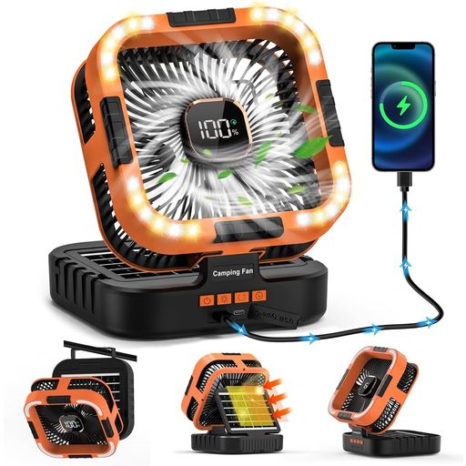 【2026年4in1型!太陽光充電/左右首振り/ライト付】ソーラー扇風機10000mAhUSB充電キャンプ扇風機左右120°自動首振りライト付携帯扇風機6段階風3段階LEDライト4段階定時テントファンアハンドル…