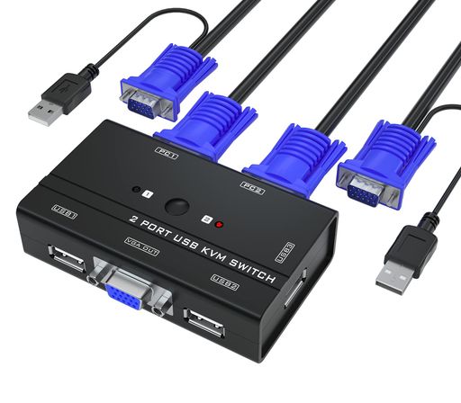 YinkerVGAKVMスイッチ、2ポートUSBVGAKVMスイッチ、KVMケーブル2本とUSBハブ3つ付き、2台のパソコンで1台のモニターを共有キーボード・マウス