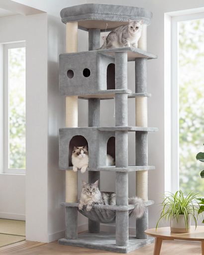 Globlazer キャットタワー 大型猫用 省スペース 隅に置く 猫タワー 取り外し可能なクッション付きの展望台 2つ広々としたの猫ハウス 特大のハンモック 厚くなったベースプレート 6つ天然麻…|みやらび