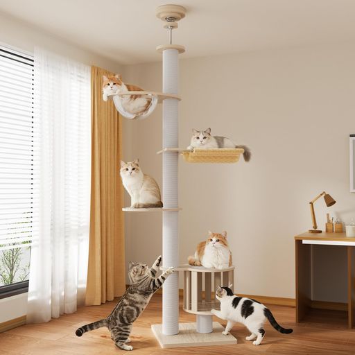[ChicKone]キャットタワー突っ張りネコタワー木製スリム宇宙船付きハンモック大型猫爪とぎ多頭飼い猫タワーツッパリ人気木登りタワーキャットツリー多層無垢材太い支柱全綿縄巻きおし…