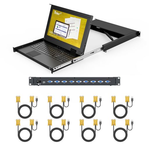 Yinker8ポートKVMスイッチVGA15.6インチ液晶ディスプレイ搭載1Uラックマウント型KVMコンソール1Uラック対応ケーブル8本+キーボード+タッチパッド付属