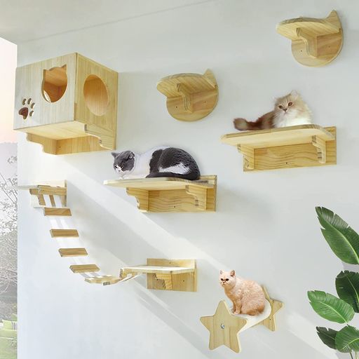 Umora猫用キャットタワー猫家具キャットステップ猫棚猫ハウス木製吊り橋爪とぎポールキャットウォーク壁付け遊び場ストレス解消9つセット