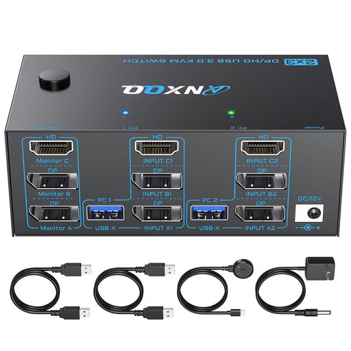 ANXQQ2入力3出力KVMスイッチHDMI+2Displayport、8K@60Hz/4K@144HzKVMSwitch、クローン/拡張モードをサポート、3つのディスプレイと4つのUSB3.0ポートを共有、電源アダプターと有線リモコン付き
