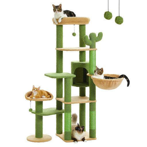PETEPELA(ぺテぺラ)キャットタワーサボテンスリム多頭飼い大型猫用据え置きおしゃれ爪とぎポール猫ハウスハンモック猫タワー爪研ぎサイザル麻ポンポンおもちゃ高さ150cmグリーン