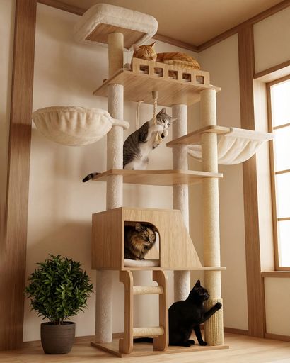 Heyblyキャットタワー木製据え置き型猫タワー冬夏兼用2種類ハンモック展望台取り外し可能お手入れ簡単天然麻紐爪研ぎ棒グルーミングブラシプレミアム多段猫爬架高さ177cmHCT122BT