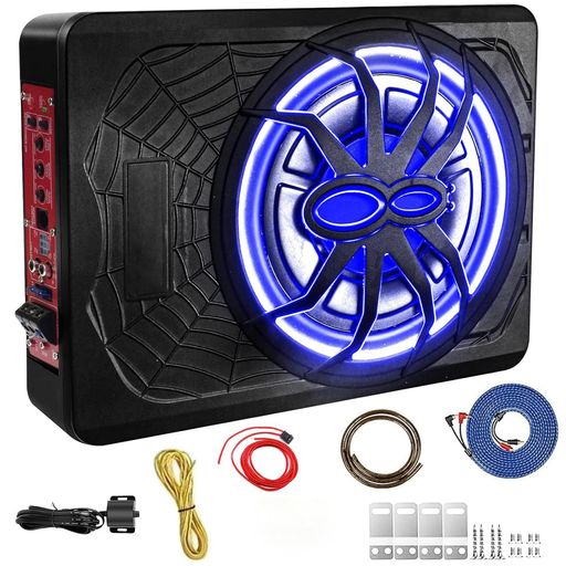 TigWissカーサブウーファー800W10インチスリムアンダーシートアクティブカーサブウーファー、高/低レベル入力、車/トラックオーディオサブウーファー内蔵アンプコンボセット、ブルーLEDラ…