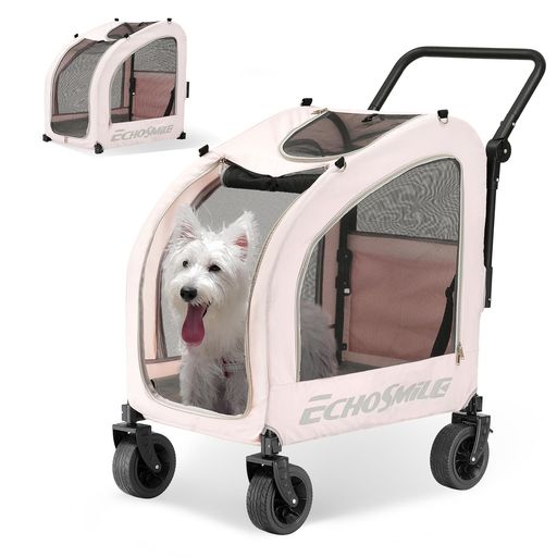 EchoSmile愛玩動物手押し車小型犬中型4輪折りたたみ四季相応う最大限度積み上げる60kg犬猫用納めるカゴ付き添い人手持ち部分合わせる能力のある(さくら色)