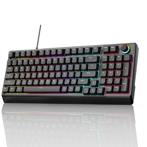 ゲーミングキーボード赤軸98キーメカニカルLEDバックライト付きワード発光USBゲーミングきーボード有線高速応答数字キー付き音量調整ノブオフィス/ゲーミングコンピューターキーボード…