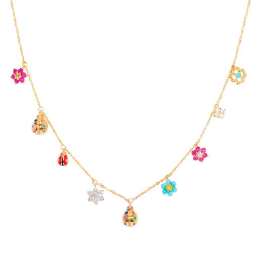 [Tessalyn] ネックレス レディース てんとう虫 花 モチーフ 幸運 輝く ジルコニア 上品 エレガント カラフル アクセサリー調節可能 通勤 パーティー 誕生日 記念日 プレゼント ギフトBOX付き｜みやらび