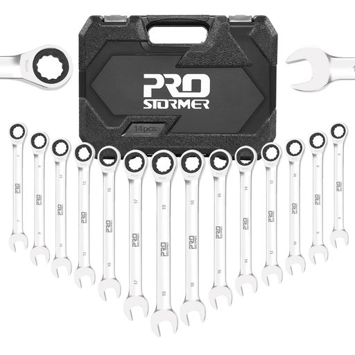 Prostormerコンビネーションレンチセットラチェットレンチスパナレンチ両用ヘッド72ギア6-19mm14本組自動車修理車メンテナンス組み立てDIY収納ケース付き