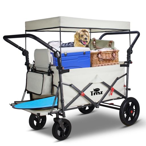 TMZキャリーカートアウトドアワゴン、折りたたみ式、シートとシートベルト付き多機能カート、荷室開閉と拡張可能、前後ダブルプッシュハンドル、耐荷重約120kg、ストッパー付き(クリー…