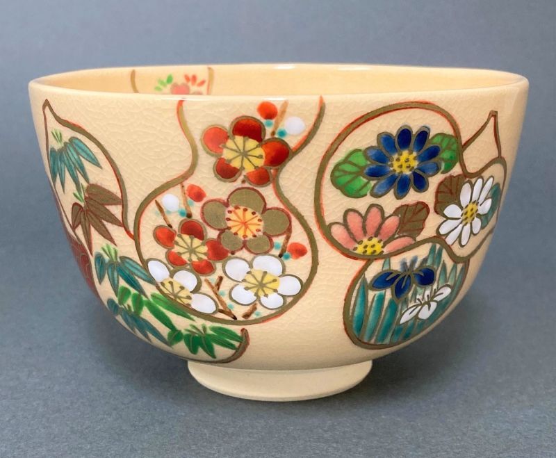 茶道具　茶碗　五山窯　淡幽　色絵六瓢茶碗 茶道具茶碗五山窯淡幽色絵六瓢茶碗