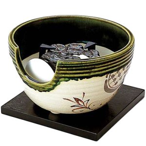 織部 半掛 紅鉢風炉（明かり炭・敷瓦・前瓦 付）