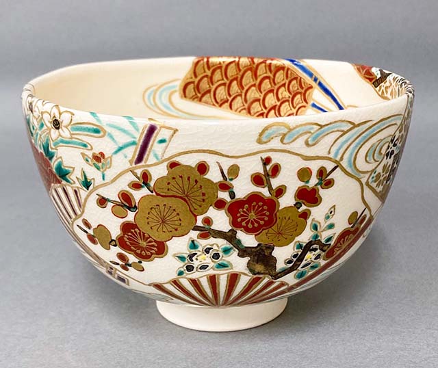 【現品境界線】仁清写 扇子水筋 四季顕花植物図 茶碗