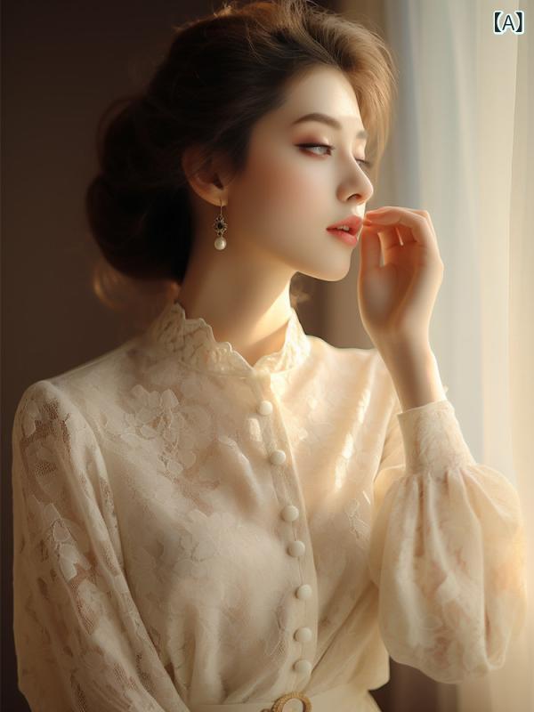レディース　シャツ　レース 2025 春の 婦人服の 個性的で 美しい シャツ 高級の 商品 ファッション 年齢を 減らす レースの 長袖 トップ