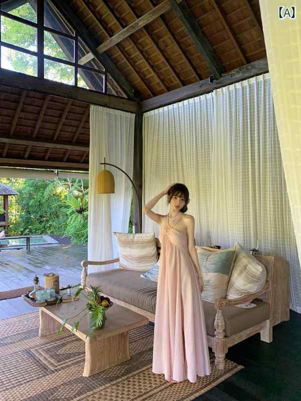 ワンピース ドレス レディース あなたの 家は 辛いです Lian お姫様 海辺の 休日の ドレスの 女性 2025 ピンクの ホルターネック ロング ドレス