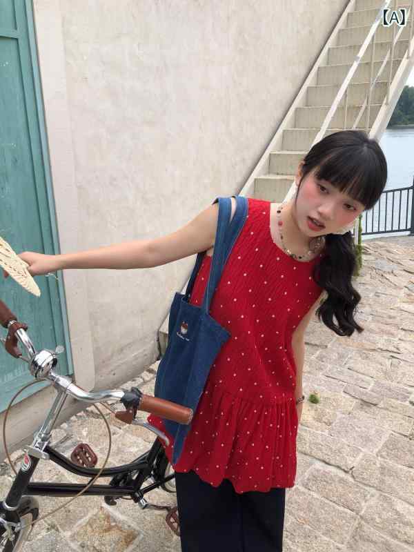 Vネック トップス レディース ヘイ シャンおばあちゃんの 赤い ベスト ドレス レディース 春と 夏 カレッジ スタイル 小さい レトロ かわいい aラインの ショート スカート