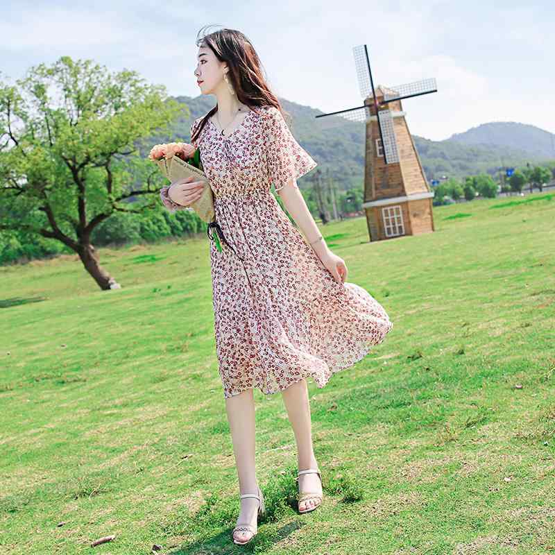 シフォンドレス　レディース 2025夏の 韓国 婦人服 ウエスト 痩せ ミディアム ロング 花柄 シフォンワンピース 女性らしい 優しい スタイル｜みやショップ店