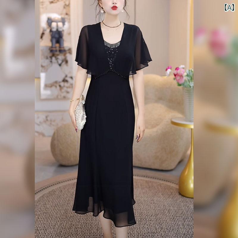 シフォンドレス　レディース リー レンチン チェンの ブラック ドレス 女性用 2025年 フリル スリム 精巧 高級 シフォン アームカバー スカート