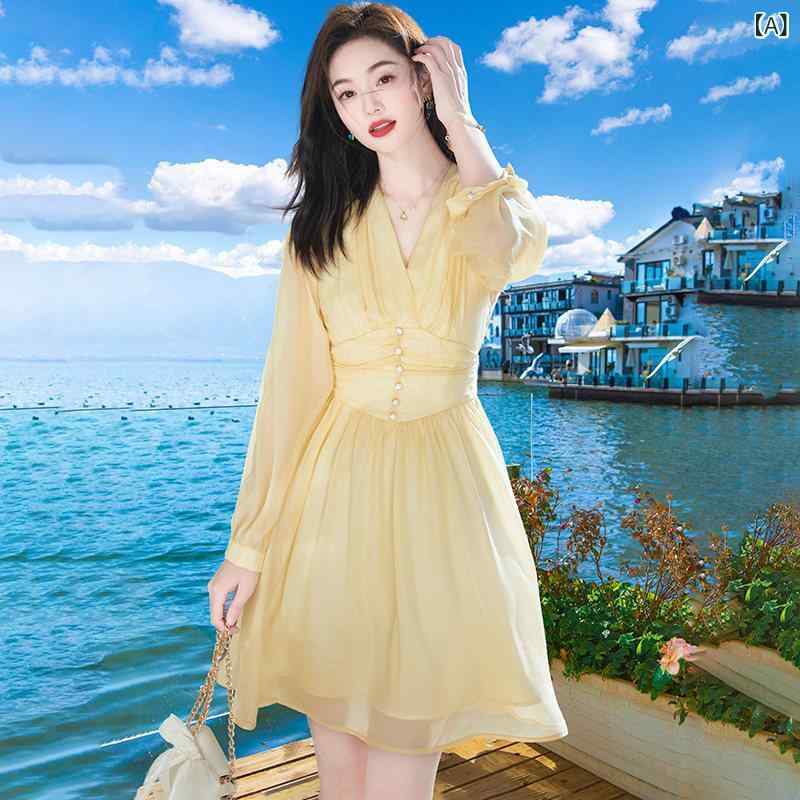 シフォンドレス　ワンピース　レディース 夏の 長袖 Vネック シフォンイエロー ドレス フレンチ ウエスト フェアリー スカート 旅行 海辺の 休日 ビーチ