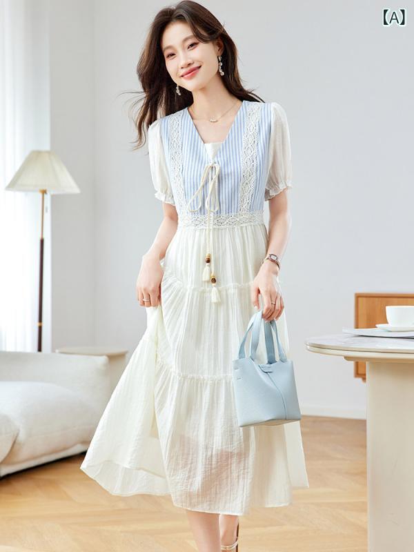 シフォンドレス　ワンピース　レディース Vネック ホワイト プリンセス シフォン ドレス 女性 夏 2025 半袖 ロング スカート 高級の