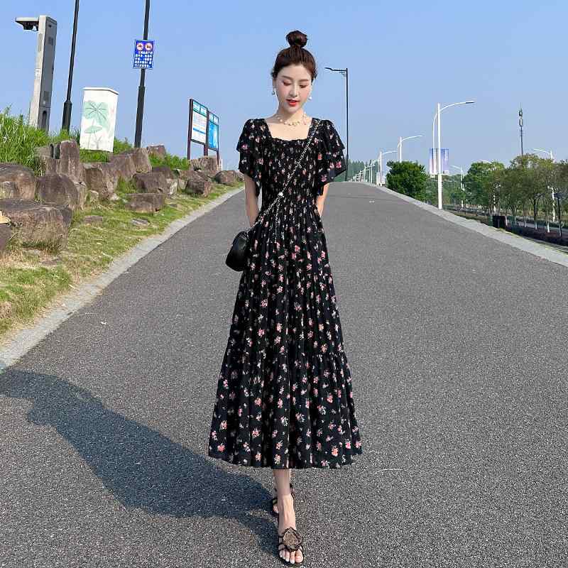 ワンピース レディース 春夏 ロング丈 ミモレ丈 シフォン ドレス 小花柄 フレンチスタイル フェミニン きれいめ ウエストマーク 絞り Aライン 着痩せ 体型カバー スタイルアップ 細見え 五分袖 フレア袖 黒 ブラック お出かけ デート 大人かわいい|みやショップ店
