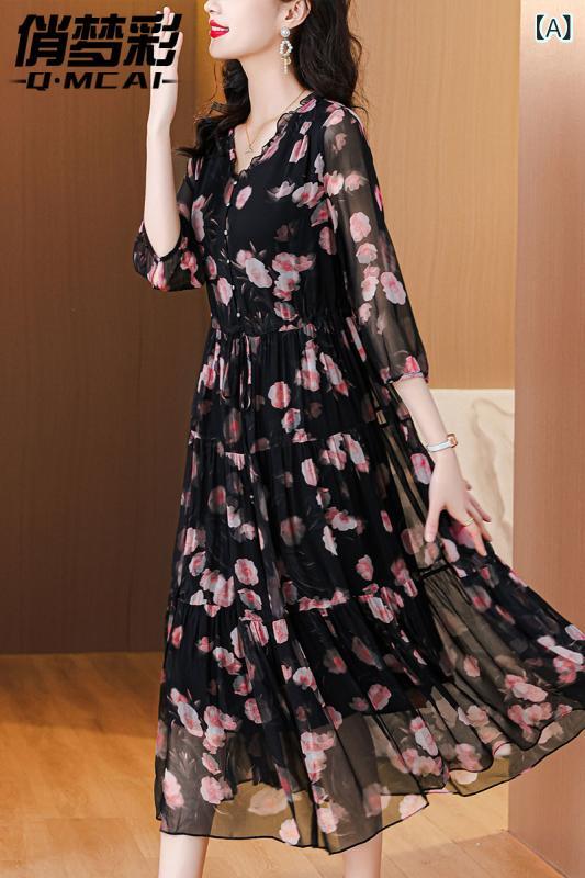 シフォンドレス　ワンピース　レディース 女性用 ブラック フローラル シフォン ドレス 2025 夏のの 母親の 夏の 軽くてな 高級