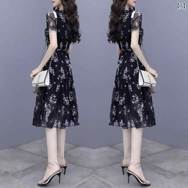 シフォンドレス　ワンピース　レディース 婦人服 2025 夏 韓国 プリント スリムフィット シフォン ドレス ミディアム 丈 黒 スカート