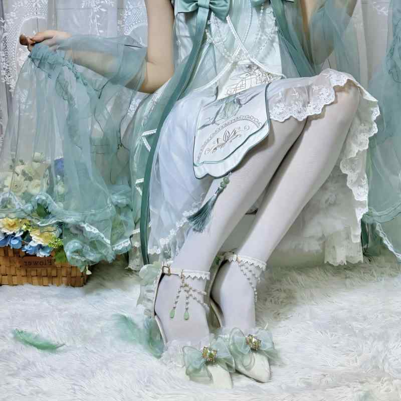 ロリータ　ドレス　コスプレ 河 美 ロリータ 薬剤 師 章 花嫁 ハイヒール チャイナ風なら 草 色の 弓 大人