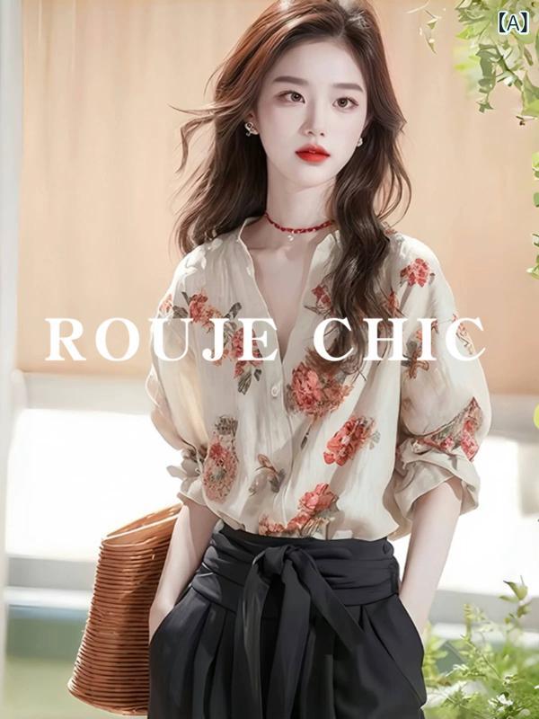 花柄 シャツ　トップス　レディース Rouje シック フレンチローズ プリント シフォンシャツ レディース 春秋 スタイル ユニークで 精巧 長袖 シャツ