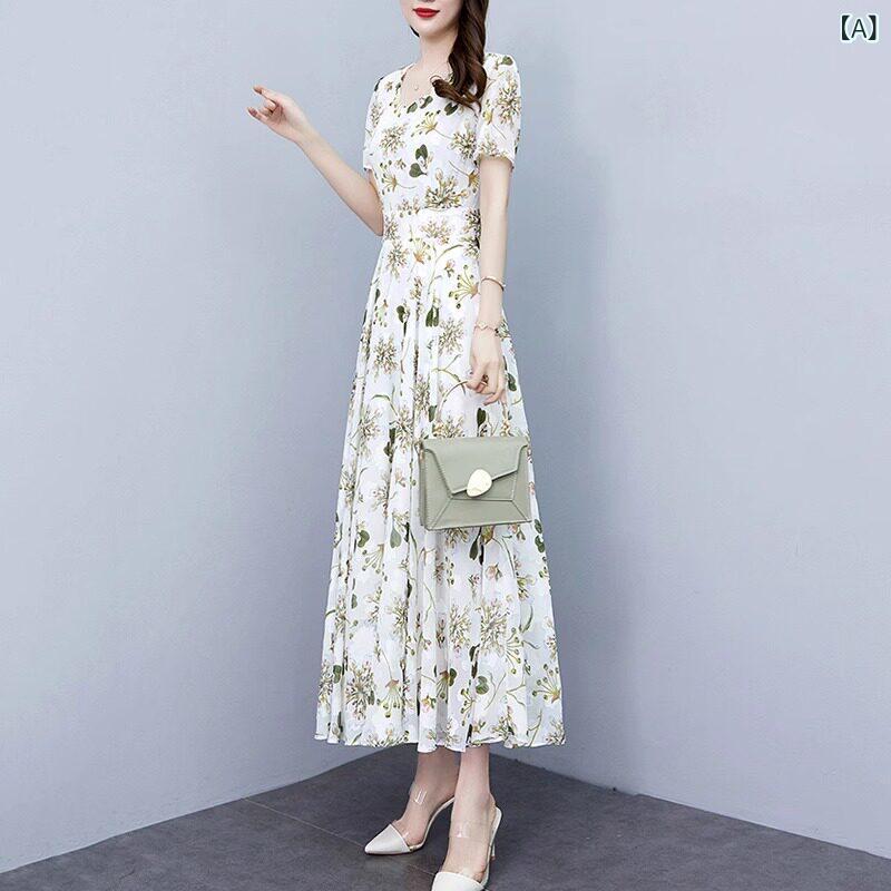 シフォンドレス　ワンピース　レディース 女性用 花柄 シフォン ドレス 2025夏 高級 大きいサイズ スリミング ミディアム 丈 スカート
