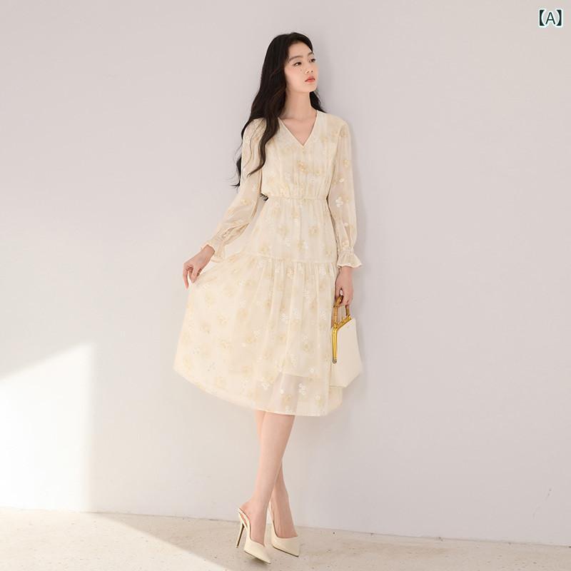 シフォンドレス　ワンピース　レディース Xiangying シフォン ドレス レディース 2025 春 イエロー ハイウエスト ホリデー ビーチ プリント aライン スカート