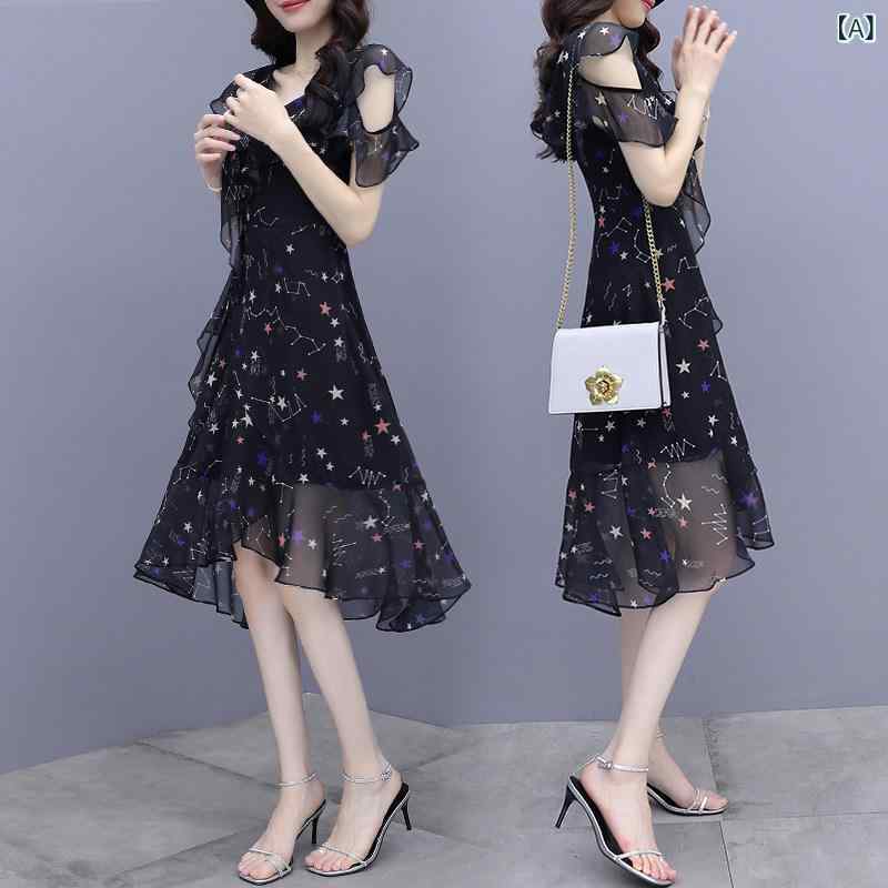 シフォンドレス　ワンピース　レディース 女性用 ブラック フローラル シフォン ドレス 2025夏 スリム お腹 カバー Vネック スーパー フェアリー ロング スカート 8,753円