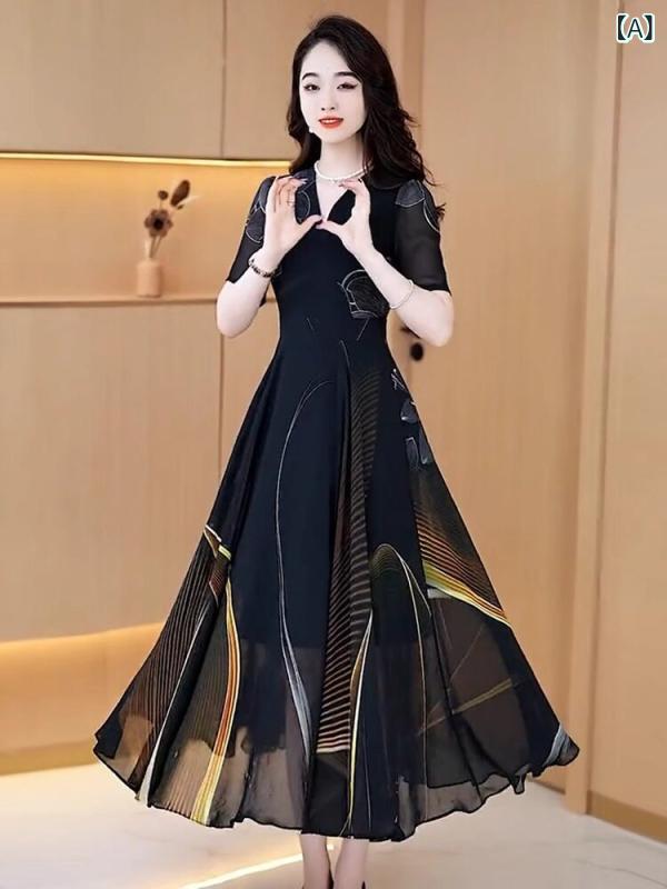 シフォンドレス　ワンピース　レディース 黒のの ドレス レディース 2025 夏の 高貴な 母親の ファッション プリント シフォン ロング スカート