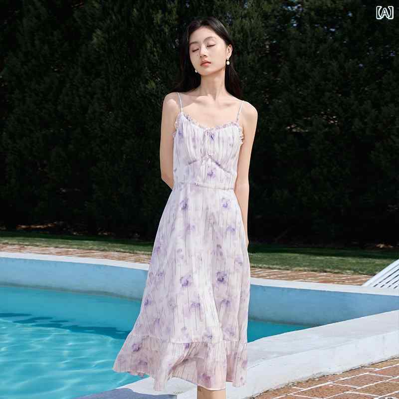 シフォンドレス ワンピース レディース Xiangying 海辺の サスペンダー ドレス レディース 2025 夏 ハイウエスト レース プリント シフォン ホリデー パープル スカート|みやショップ店