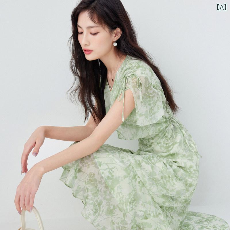 シフォンお召しもの 衣装 レディース Qiushui Yiren Vのど首 花柄 衣装 2025夏 レディース ドパミン シフォン刷り上げる フラウンススコート